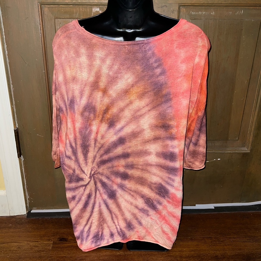 By Together Brown, Red & Purple Tie-Dye Linen Scoop Neck Short Sleeve Top Size L - Picture 8 of 13